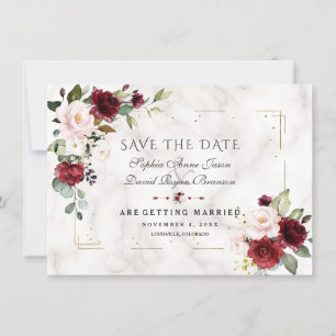 Burgunder-Rosa-Blumen-Gold-Glitter-Marmor-Hochzeit Save The Date