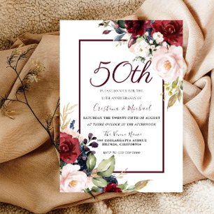 Burgunder-Rosa-Blumen zum 50. Hochzeitstag Einladung