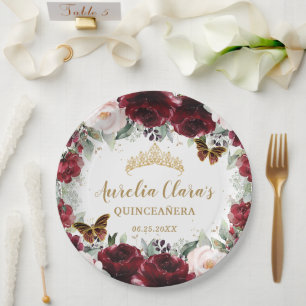 Burgunder-Rosa-Blumenkrone für Quinceañera mit Sch Pappteller