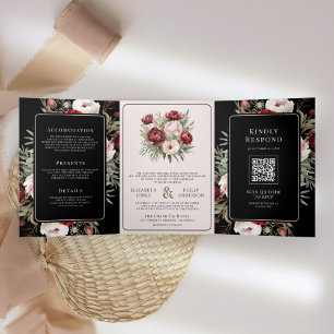 Burgunder-Rosa-Blüten-Hochzeit in Schwarz Dreifach Gefaltete Einladung
