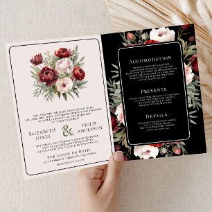 Burgunder-Rosa-Blüten-Hochzeit in Schwarz und mela Einladung