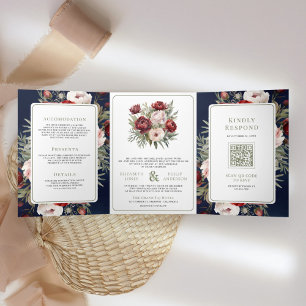 Burgunder-Rosa-Blüten Navy All-in-One-Hochzeit Dreifach Gefaltete Einladung
