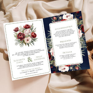 Burgunder-Rosa-Blüten Navy All-in-One-Hochzeit Einladung