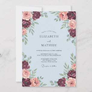 Burgunder-Rosa-Blüten-Romanze-Hochzeit Einladung