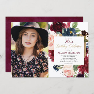 Burgunder Rosa Blütengold Geburtstag Foto Einladung