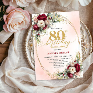 Burgunder-Rosa Boho-Garten-Einladungen zum 80. Geb Einladung