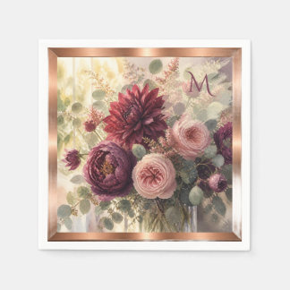Burgunder-Rosa-Floral-Aquarell-Einzelbuchstabe Serviette