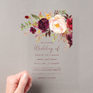 Burgunder-Rosa Florale Hochzeit Acryleinladungen