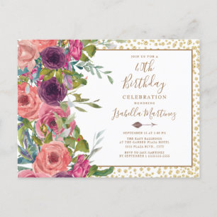 Burgunder Rosa Florales Gold Glitter 40. Geburtsta Einladungspostkarte