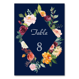 Burgunder-Rosa-Floralrahmen Dunkelblaue Hochzeit Tischnummer