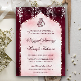 Burgunder-Rosa Glitter-Bogen Muslimische Hochzeit Einladung