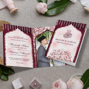 Burgunder-Rosa Glitter-Islamischer-Bogen-Hochzeit Einladung