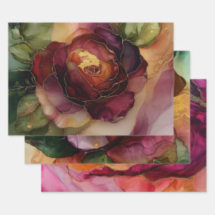 Burgunder Rosa Goldrose Floral Brautschauer Geschenkpapier Set