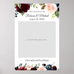 Burgunder-Rosa-Navy-Blumen-Hochzeit-Fotoautomat Poster