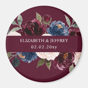 Burgunder-Rosa-Navy-Grünpflanzen-Blumenhochzeit Magnet