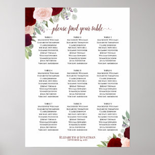 Burgunder-Rosa Rosen 9-Tisch-Hochzeits-Sitzplan Poster
