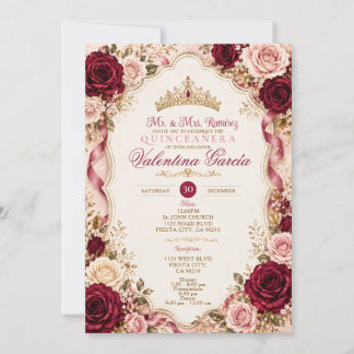 Burgunder-Rosa-Rosen-Quinceañera-Einladung Einladung