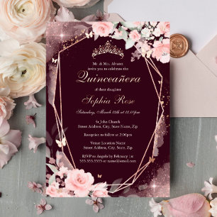 Burgunder Rosa Schmetterling Floral Quinceanera Folieneinladung