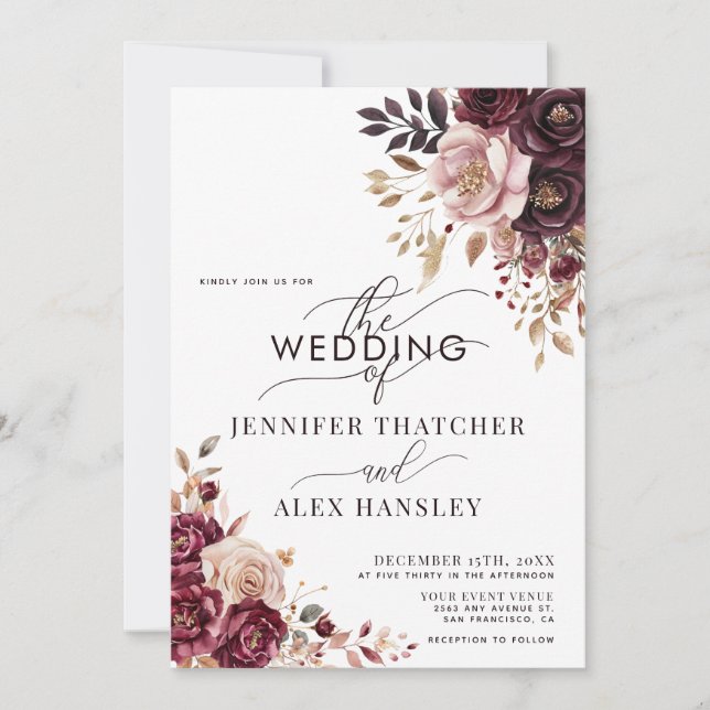 Burgunder-Rosa-Script-Floral-QR-Code-Hochzeit Einladung (Vorderseite)