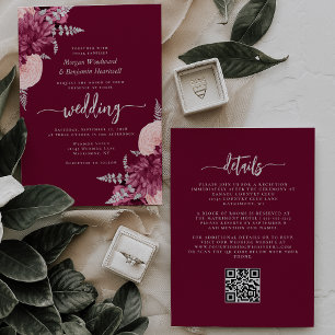 Burgunder-Rosa-Silber-Blumen-Hochzeit mit QR-Code Einladung
