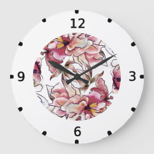 Burgunder Rosa und Blau Floraler Girlande Wasserfa Große Wanduhr