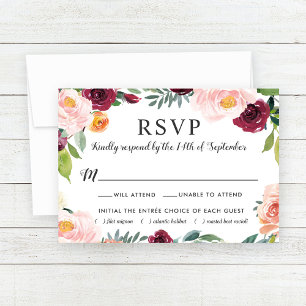 Burgunder-Rosé-Blumen-Hochzeit RSVP-Essen-Auswahl RSVP Karte