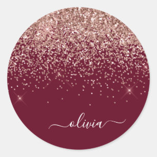 Burgunder-Rosé-Rosa-Roségold-Glitter-Monogramm Runder Aufkleber