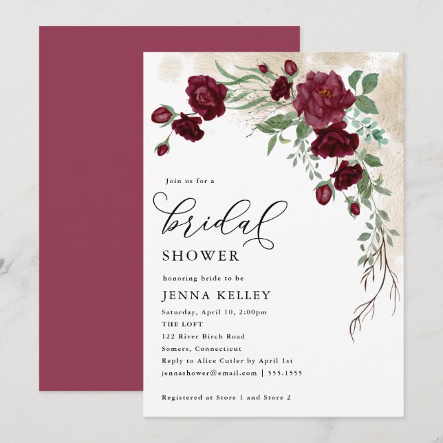 Burgunder Rose Wein, Blumenkohl Brautparty Einladung (Vorne/Hinten)