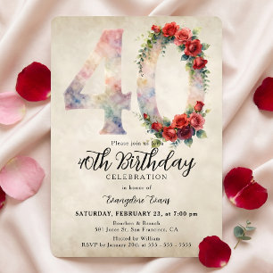 Burgunder-Rosen-Aquarell zum 40. Geburtstag Einladung