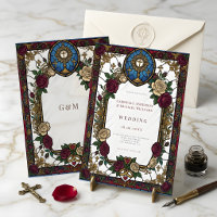Burgunder-Rosen-Buntglas-Katholische Hochzeit