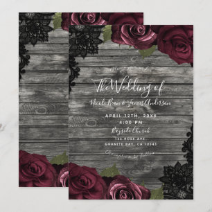 Burgunder Rosen Grau Holz Schwarze Spitze Hochzeit Einladung