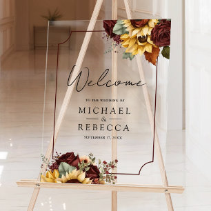Burgunder Rosen Sonnenblumen Hochzeit Willkommen Acrylschild