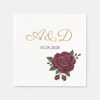 Burgunder-Rosen- und Goldfolie-Hochzeitsmonogramm- Serviette