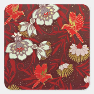 Burgunder Rot Gold Vogel Blumen Glitter Quadratischer Aufkleber