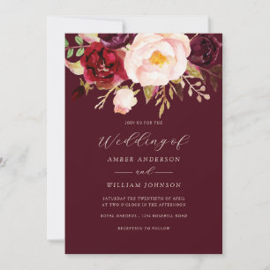 Burgunder-Rot-Hochzeit Floral Einladung