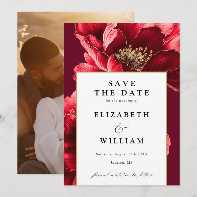 Burgunder Rot und Gold Elegantes Foto Hochzeit Save The Date (Vorne/Hinten)