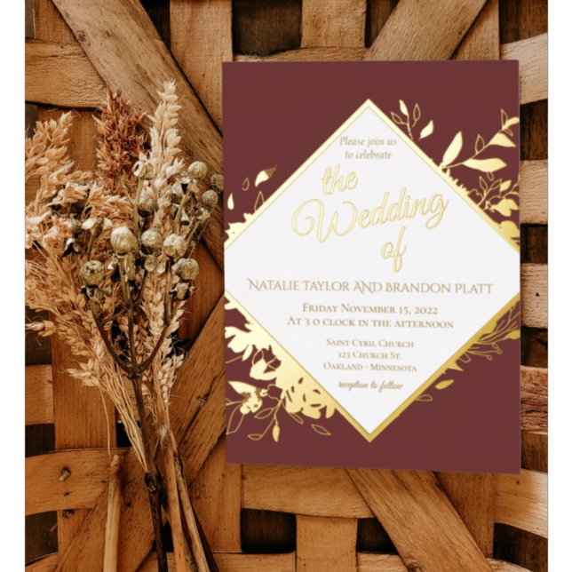 Burgunder Rot- und Gold-Hochzeit im Herbst Folieneinladung (Von Creator hochgeladen)