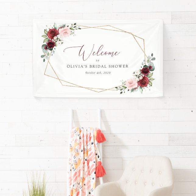 Burgunder Rote Blume, rosa Blume, Bridal Willkomme Banner (Insitu)