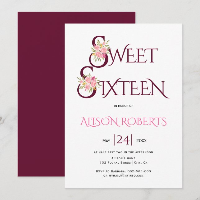 Burgunder, rote Typografie, Rosen in Rosa, 16 . Ge Einladung (Vorne/Hinten)