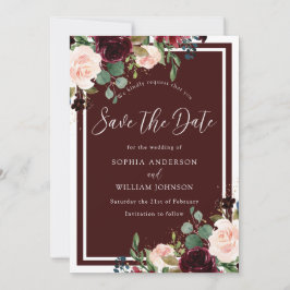 Burgunder Roter Wein & Blush Blume Hochzeit Save The Date