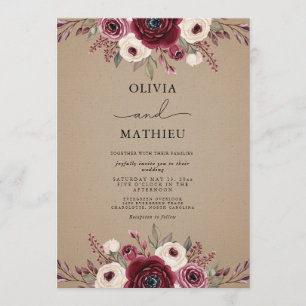 Burgunder-Rustikale-Floral-Wedding-Whimsy Einladung