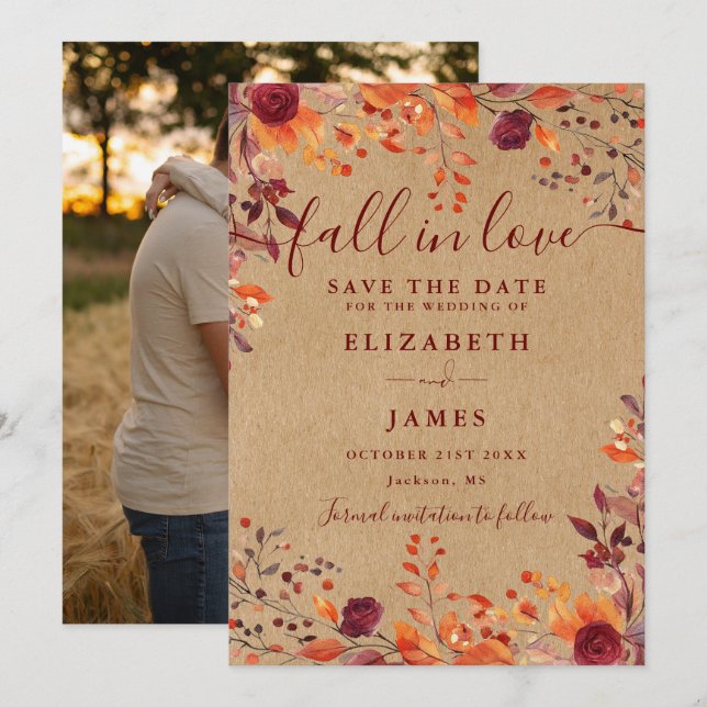 Burgunder Rustikaler Herbst Herbst Foto Hochzeit Save The Date (Vorne/Hinten)