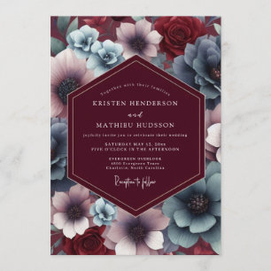 Burgunder-Schiefer-Zwielicht-Blüten-Hochzeit Einladung