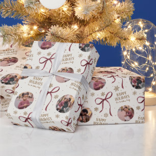 Burgunder-Schleifen-Familienfoto-Weihnachten Geschenkpapier