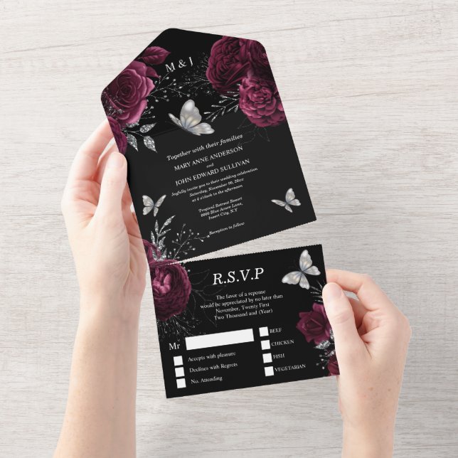 Burgunder Schwarz-Silber-Rose elegante Schmetterli All In One Einladung (Abreißtisch)