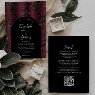 Burgunder Schwarze Damast QR-Code Hochzeit mit Sti Einladung
