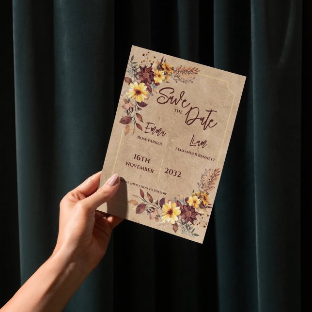 Burgunder-Senf-Rustikal-Herbsthochzeit - Heiratet  Magnetkarte (Burgundy Mustard Rustic Fall Wedding Save the Date)