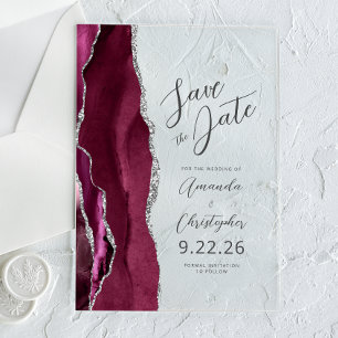 Burgunder Silber-Achat-Schrift Save-the-Date-Karte Acryleinladungen