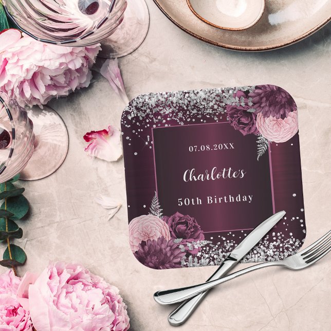 Burgunder Silberflorchen Geburtstag Pappteller (Von Creator hochgeladen)