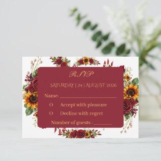 Burgunder-Sonnenblumen-Blumen-Hochzeits-RSVP-Karte RSVP Karte